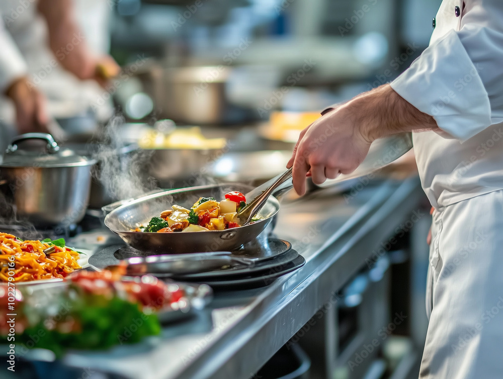 Chef preparing meals in a busy restaurant kitchen, skillful and energetic.A chef is cooking delicious food in a bustling kitchen Chef preparing meals in a busy restaurant kitchen, skillful and energetic.A chef is cooking delicious food in a bustling kitchen