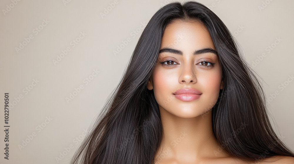 A woman with long hair is smiling and looking at the camera A woman with long hair is smiling and looking at the camera