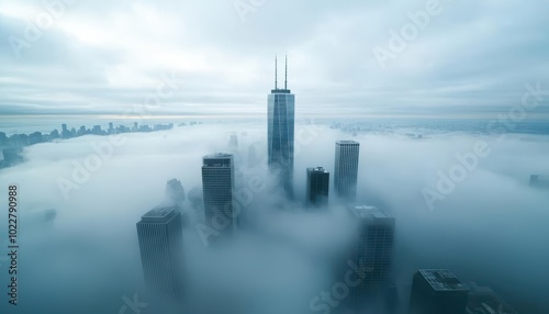 Aerial view of skyscrapers enveloped in fog, displaying a mystical urban landscape. photo