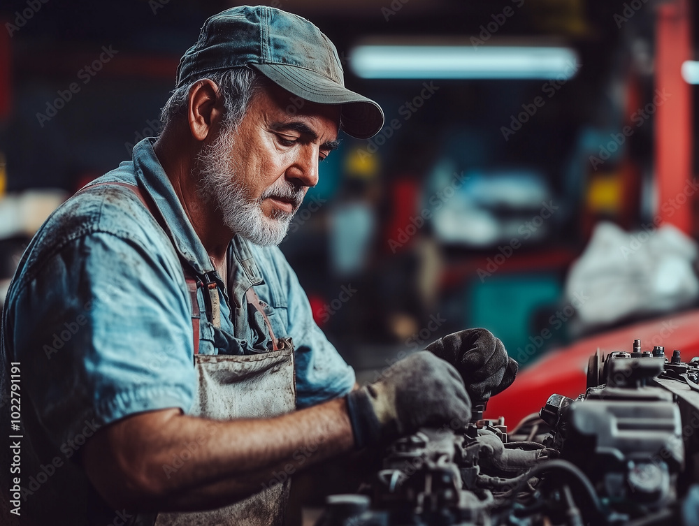 Mechanic working on a car engine in a garage, knowledgeable and detail-oriented.A man is diligently working on repairing a car engine inside a garage Mechanic working on a car engine in a garage, knowledgeable and detail-oriented.A man is diligently working on repairing a car engine inside a garage