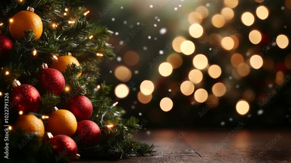 Classic christmas tree decorated with red baubles, oranges and fairy lights, with a blurred christmas tree in the background