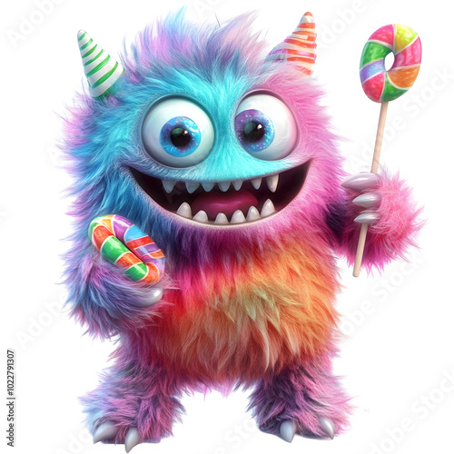 Iridescent, kid-friendly, fluffy monster with candy