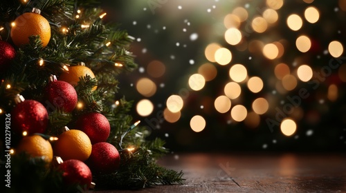 Obraz na płótnie Classic christmas tree decorated with red baubles, oranges and fairy lights, with a blurred christmas tree in the background w salonie