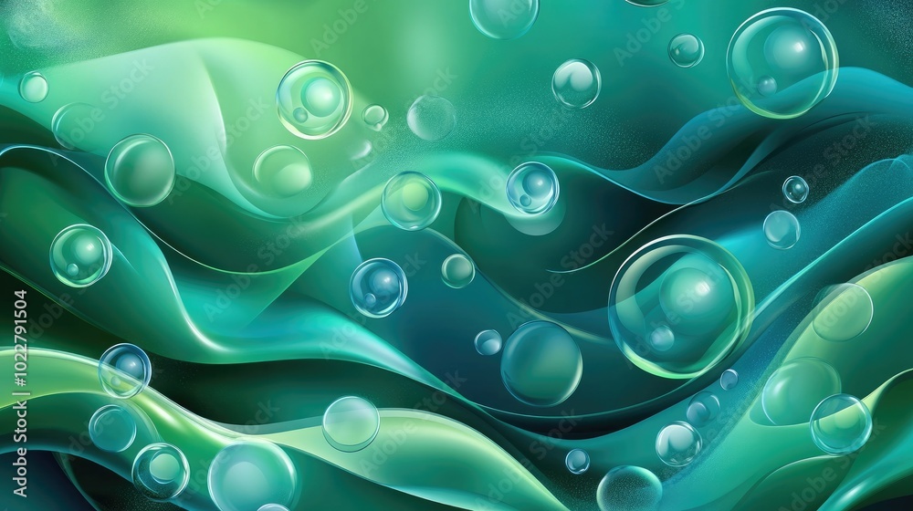 Abstract green and azure wallpaper featuring 3D effects with transparent bubbles in varying sizes set against a backdrop of flowing overlapping wavy shapes Vector illustration Abstract green and azure wallpaper featuring 3D effects with transparent bubbles in varying sizes set against a backdrop of flowing overlapping wavy shapes Vector illustration