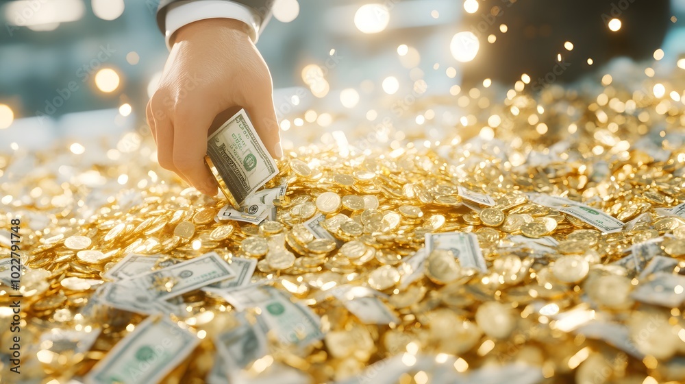 Obraz premium A hand reaches for cash among a sparkling pile of gold coins, symbolizing wealth and prosperity.
