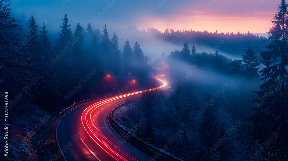 Car headlights and traffic lights on a winding road through pine trees, in a foggy valley at sunset, captured by long exposure photography Car headlights and traffic lights on a winding road through pine trees, in a foggy valley at sunset, captured by long exposure photography