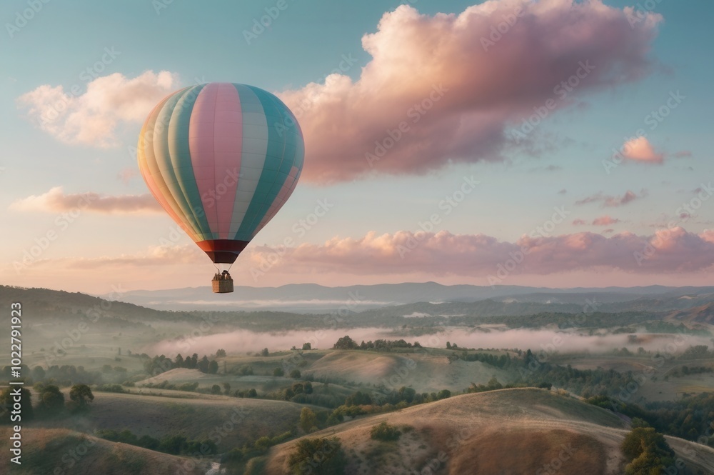 Fototapeta premium a hot air balloon flying over a rural landscape