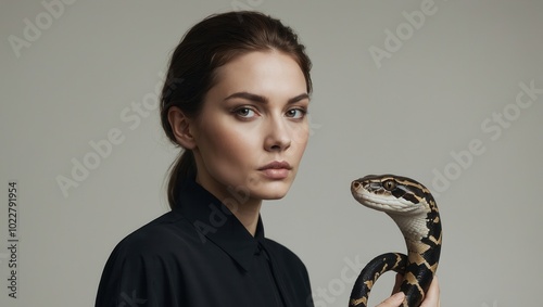 Woman with light hair holding a snake close to her face, neutral expression photo