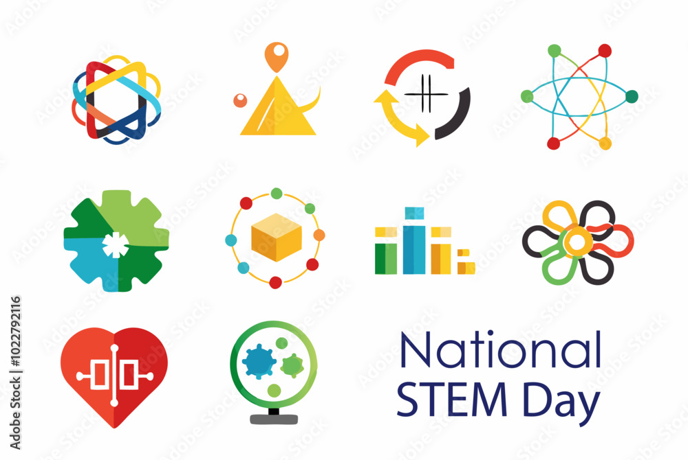 National stem day abstract minimalist logo icons for educational and promotional use National stem day abstract minimalist logo icons for educational and promotional use