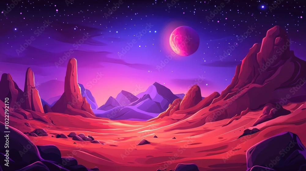 2D cartoon background for a space game featuring a fantasy alien planet with red sand Landscape includes rocky surfaces and a vibrant cosmic purple and pink design for arcade settings 2D cartoon background for a space game featuring a fantasy alien planet with red sand Landscape includes rocky surfaces and a vibrant cosmic purple and pink design for arcade settings
