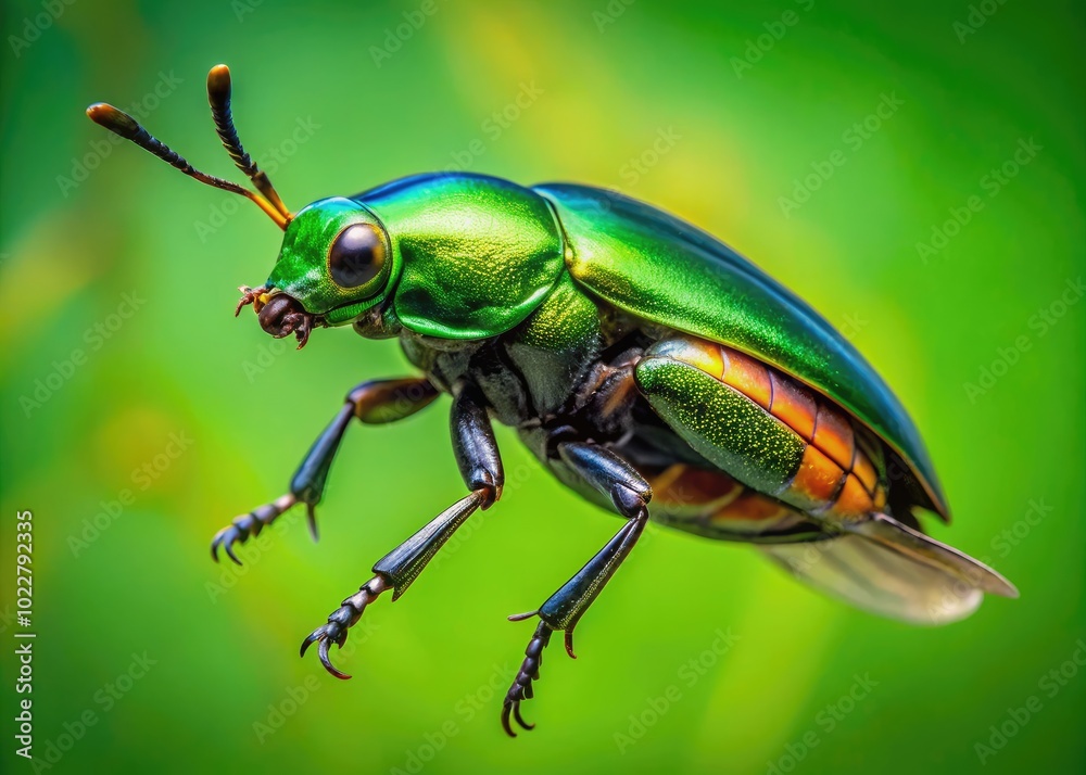 Stunning Green and Black Flying Beetle Captured in Nature Against a Vibrant Green Background