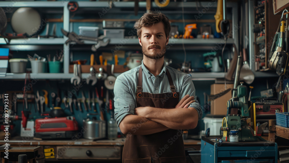Handsome tradesman, man wearing an apron stands in front of tools and equipment, looking at the camera with his arms crossed. He is standing inside a workshop Handsome tradesman, man wearing an apron stands in front of tools and equipment, looking at the camera with his arms crossed. He is standing inside a workshop