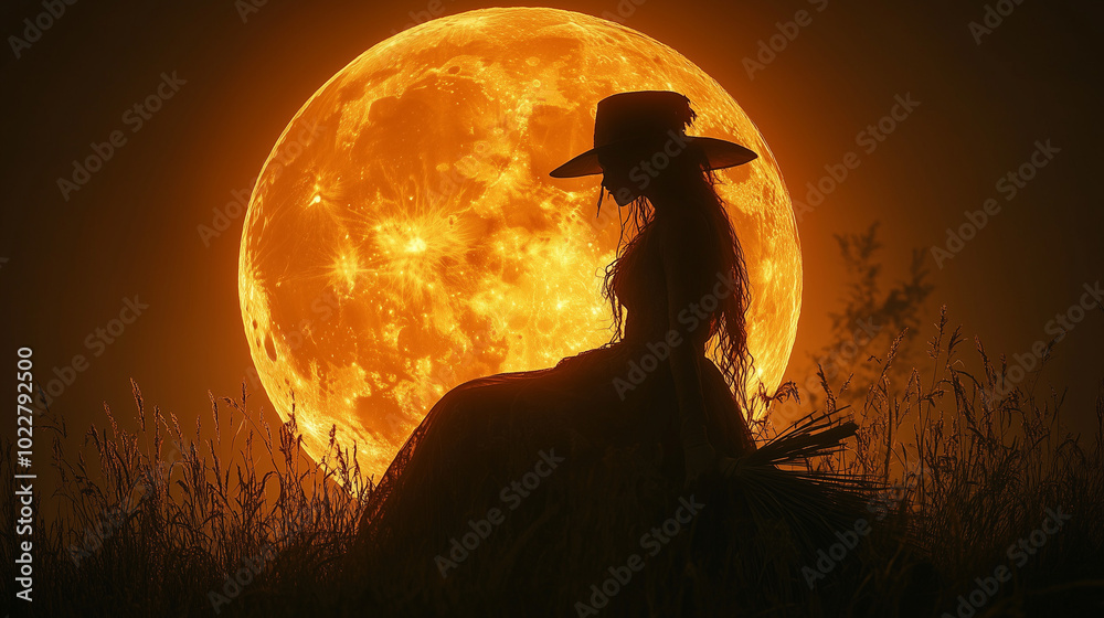 Halloween witch flying on a broom against a full moon background Halloween witch flying on a broom against a full moon background