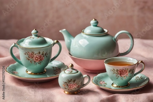 a tea set with pastel colors