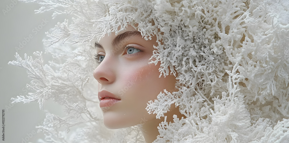 Closeup woman face with jewelry and hat made of snowflakes fashion shot Closeup woman face with jewelry and hat made of snowflakes fashion shot