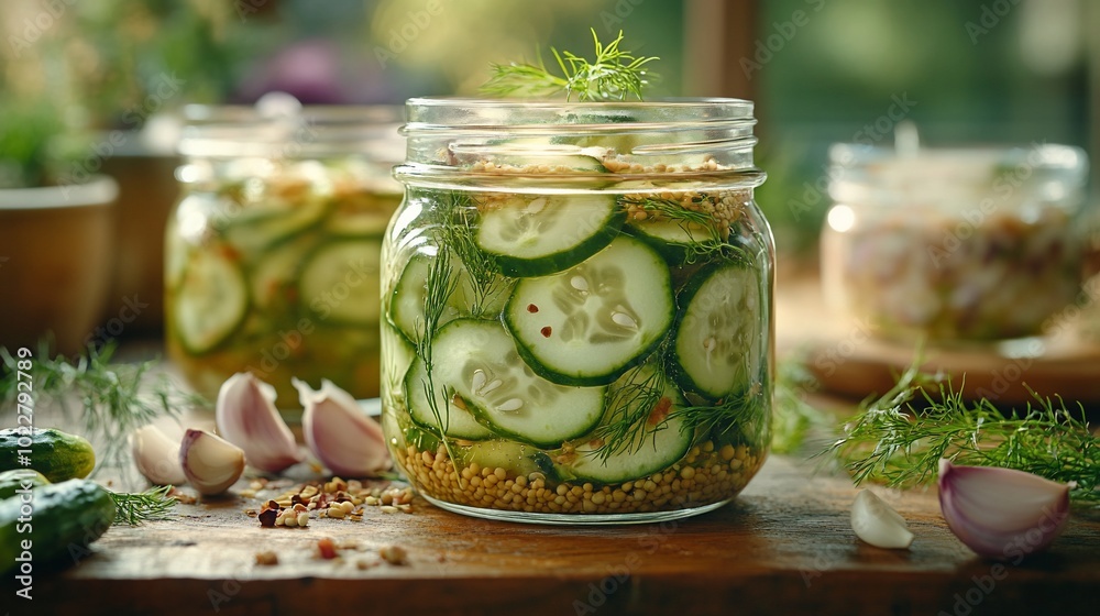 Jars of homemade pickled cucumbers with dill and garlic on a wooden table. Jars of homemade pickled cucumbers with dill and garlic on a wooden table.