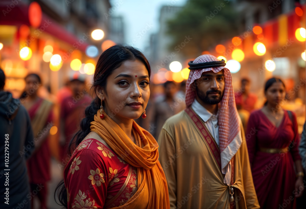 Obraz premium Cultural Festival Evening with Diverse Attendees in Traditional Attire