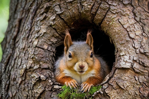 a squirrel is looking into a hole in a tree