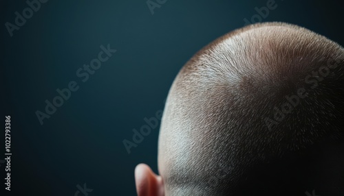 Close-up of a bald head against a dark background, emphasizing smooth skin texture and simplicity.