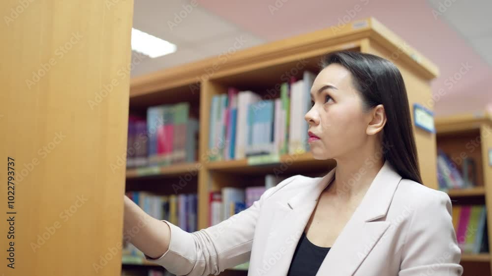 A woman is looking through a library shelf. She is looking at a book with the number 9999 on it A woman is looking through a library shelf. She is looking at a book with the number 9999 on it