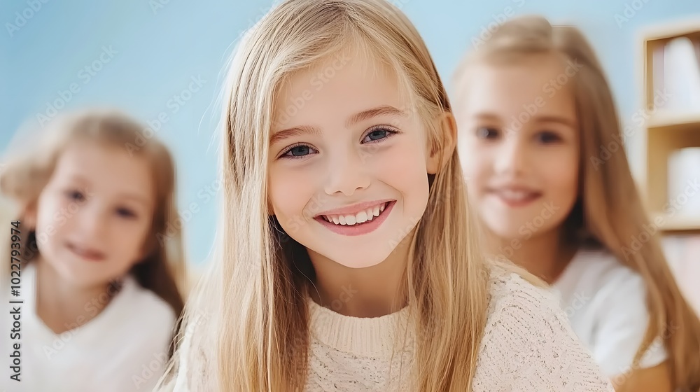 A cheerful girl smiles in the foreground, with two other girls softly blurred in the background, capturing a joyful and playful atmosphere. A cheerful girl smiles in the foreground, with two other girls softly blurred in the background, capturing a joyful and playful atmosphere.