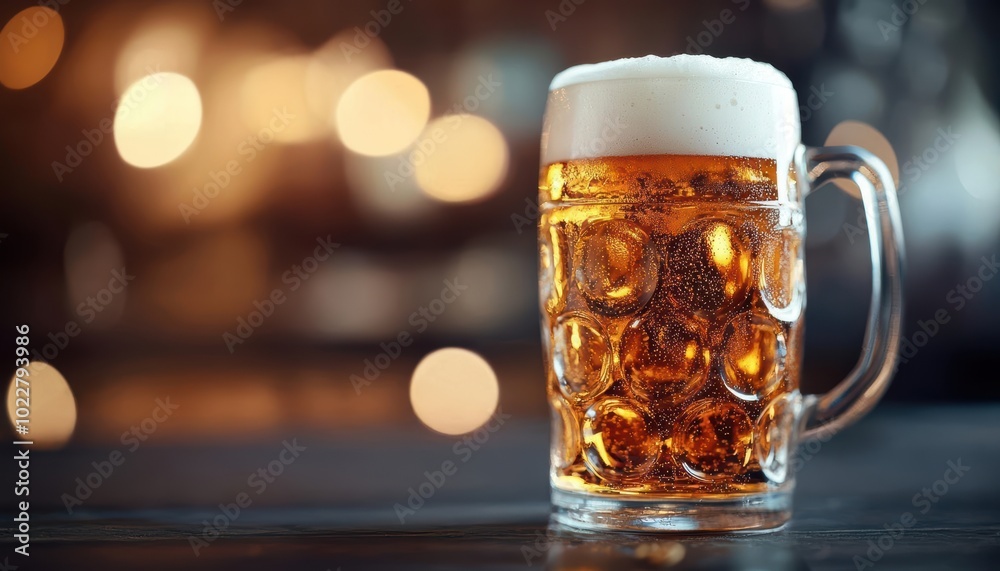 Close-up of a frothy beer in a glass mug against a blurred background. Close-up of a frothy beer in a glass mug against a blurred background.