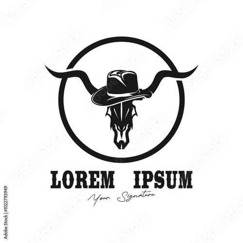Logo cowboy rodeo. Retro Rodeo logo with equestrian silhouette. Wild west vintage rodeo badge. Vector illustration.