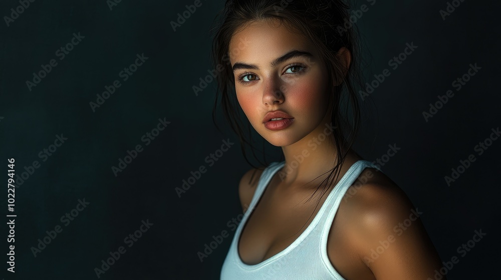 Beautiful woman in white T-shirt Female breast dark background