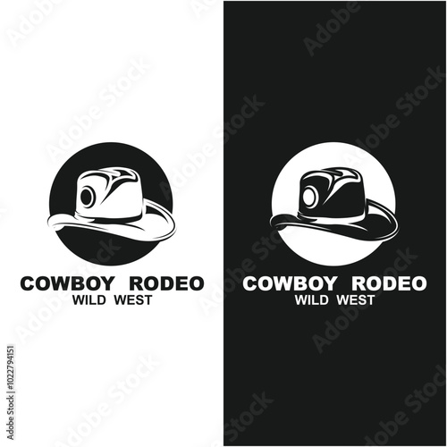 Logo cowboy rodeo. Retro Rodeo logo with equestrian silhouette. Wild west vintage rodeo badge. Vector illustration.
