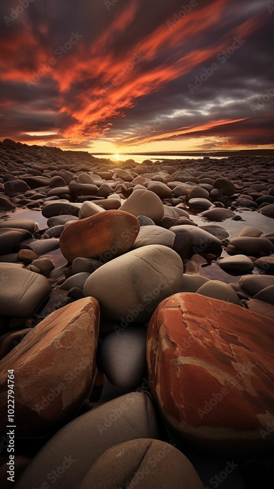 Obraz premium Sea stones in a cloudy day wallpaper for mobile, 9:16 ratio. Generative ai