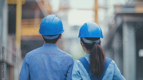 Asian man civil engineer and woman architect wearing blue safety helmet meeting at contruction site.