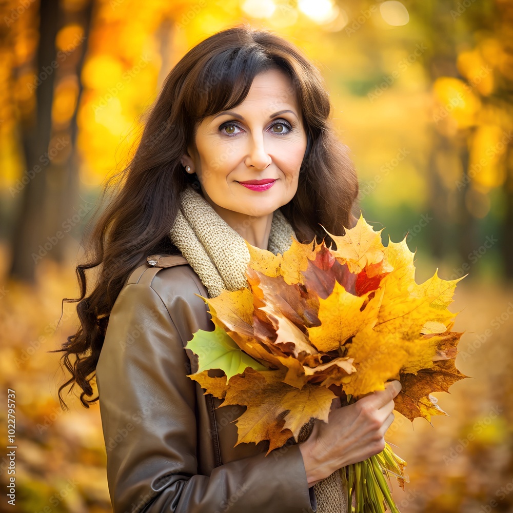 beautiful woman with brown hair and a bouquet of autumn leaves in her hands walks in an autumn park with yellow trees in the background beautiful woman with brown hair and a bouquet of autumn leaves in her hands walks in an autumn park with yellow trees in the background