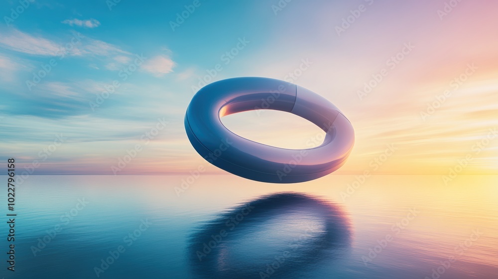 Futuristic ring hovers over a tranquil ocean at sunset, casting a serene reflection, AI Futuristic ring hovers over a tranquil ocean at sunset, casting a serene reflection, AI
