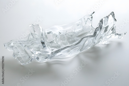 Transparent melted piece of acrylic, plastic isolated on white background