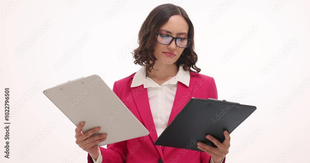 Young businesswoman analyzes financial reports on clipboard and shrugs shoulders on white background. Female feels indecisive about next steps