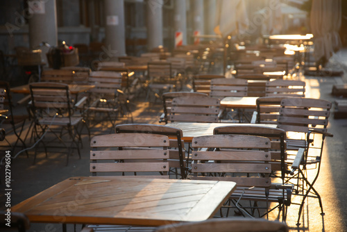 Cozy terrace with tables of cafe in Ljubljana, Slovenia photo