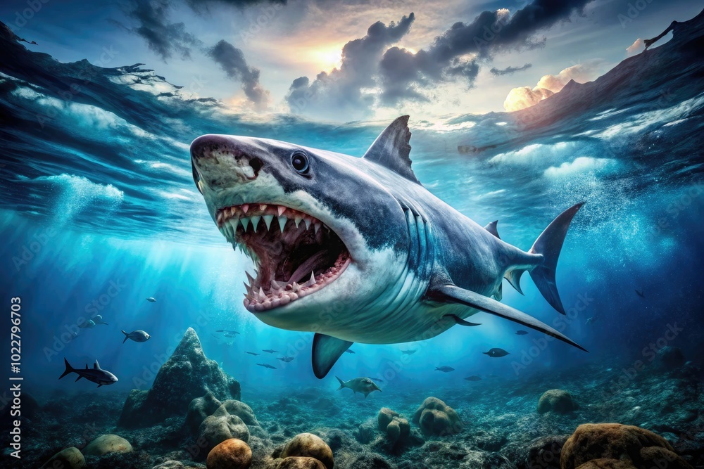 Naklejka premium Stunning Megalodon Fossil Discovery Showcasing the Ancient Predator's Impressive Size and Teeth