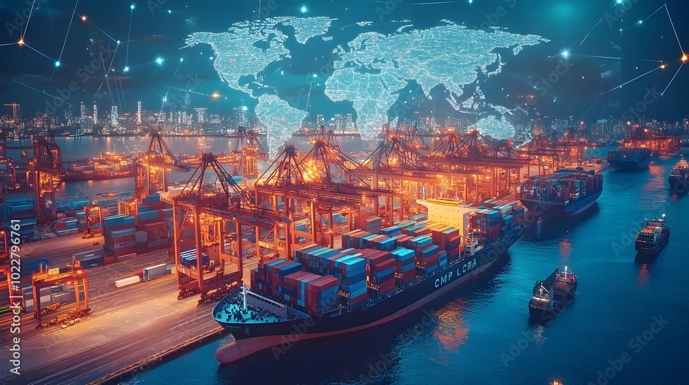 Fototapeta premium A vibrant hub of global trade: A bustling container port illuminated by the night sky.