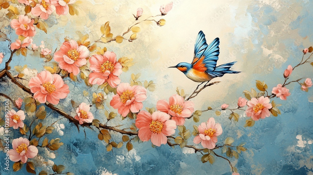 A vibrant depiction of a bluebird perched on a cherry blossom branch, surrounded by soft pastel colors, capturing the essence of spring. A vibrant depiction of a bluebird perched on a cherry blossom branch, surrounded by soft pastel colors, capturing the essence of spring.