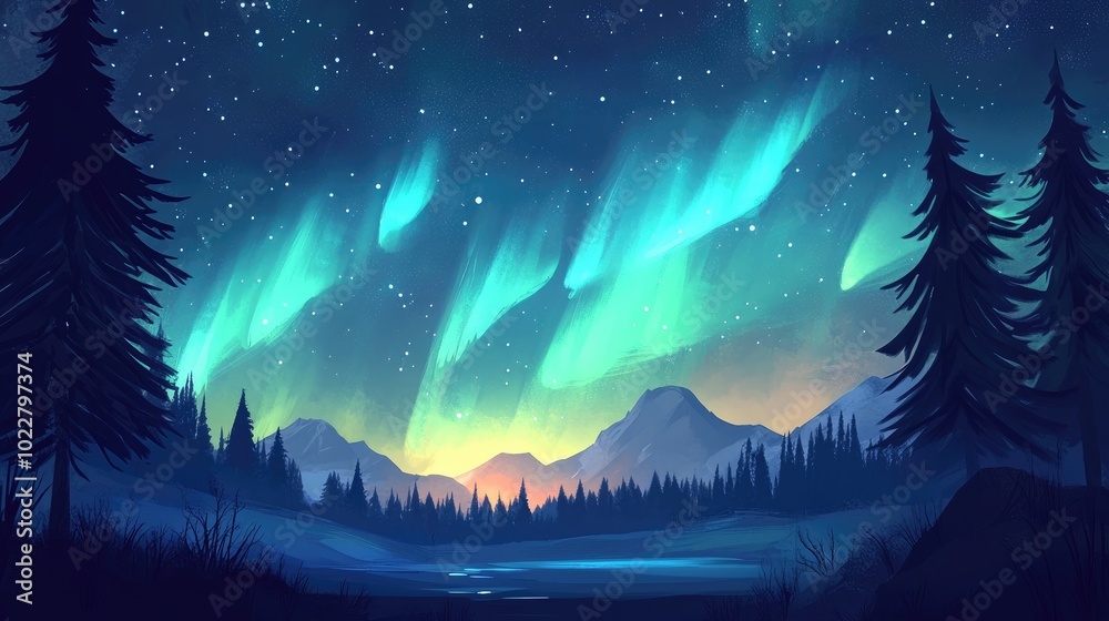 2D cartoon style illustration featuring a night sky with aurora borealis complemented by a forest and mountain backdrop 2D cartoon style illustration featuring a night sky with aurora borealis complemented by a forest and mountain backdrop