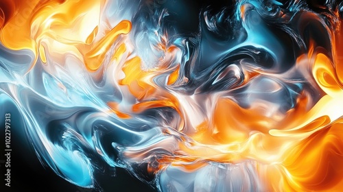 Abstract fantasy shapes of flame and fractured ice on a black backdrop Computer generated fractal art in shades of orange blue yellow and white