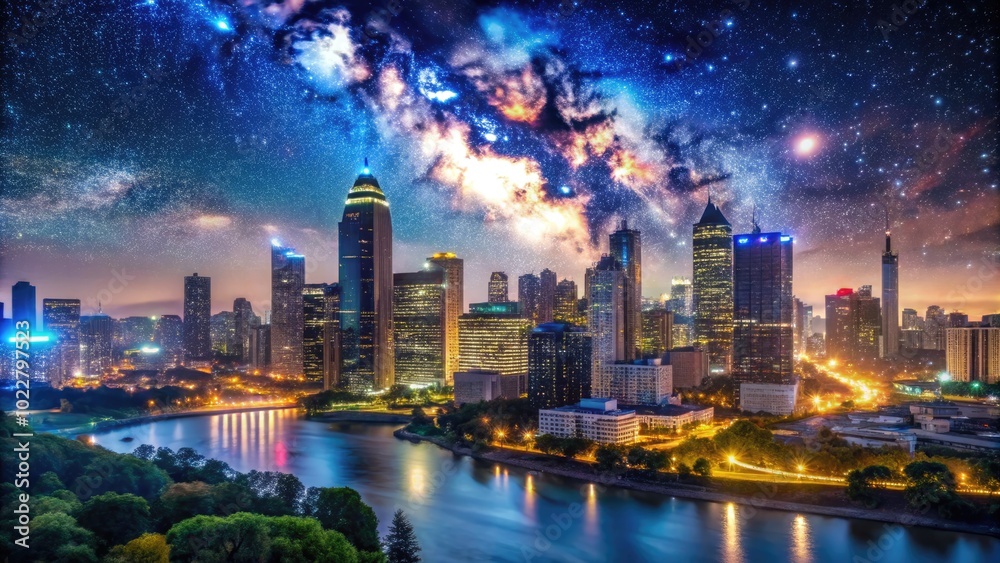Fototapeta premium Stunning Night Skyline Over a Vibrant Cityscape with Dazzling Lights and Starry Sky Above