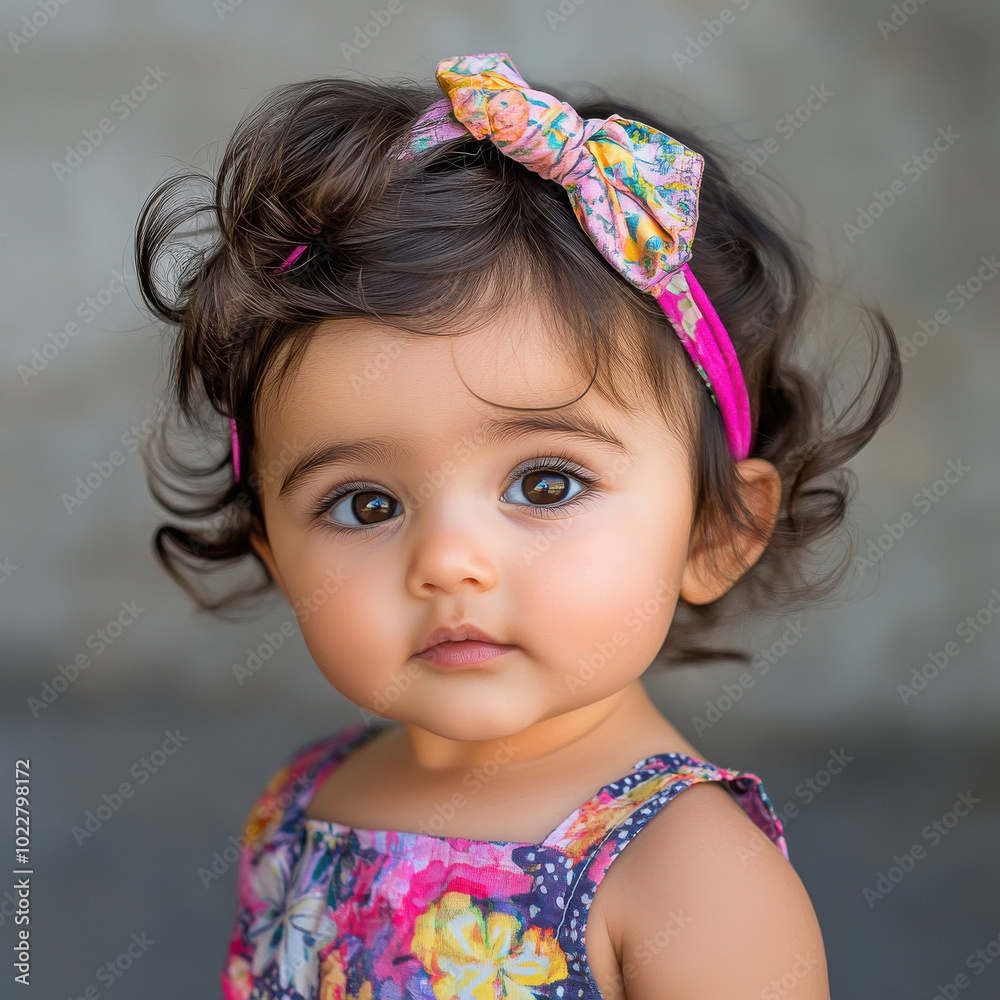 A young girl wearing a pink headband and a floral dress A young girl wearing a pink headband and a floral dress