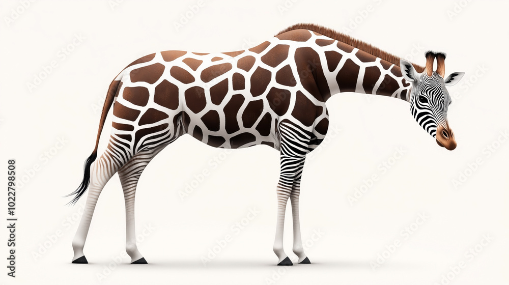 Fototapeta premium Digitally created animal hybrid combining the body of a giraffe and the head and legs of a zebra against a plain background.