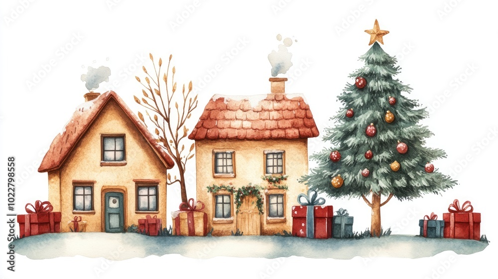 2D cartoon style watercolor illustration of a village scene featuring home decor a tree and gifts presented against a white background 2D cartoon style watercolor illustration of a village scene featuring home decor a tree and gifts presented against a white background