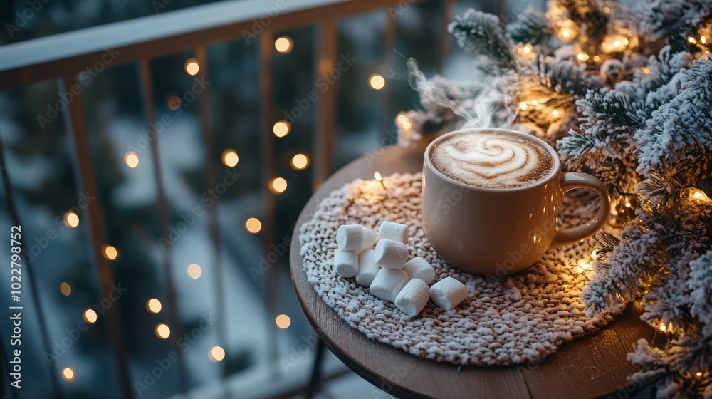 Savoring a cozy cup of coffee with marshmallows on a balcony adorned with christmas lights and snowy fir tree branches