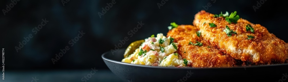 Delicious crispy fried chicken served with creamy coleslaw on a dark background. Delicious crispy fried chicken served with creamy coleslaw on a dark background.