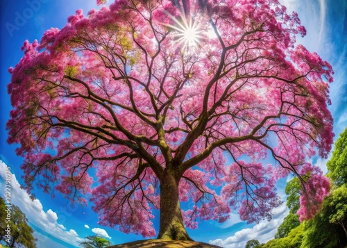 Stunning pink rain tree with vibrant blossoms against a clear blue sky in a serene natural setting