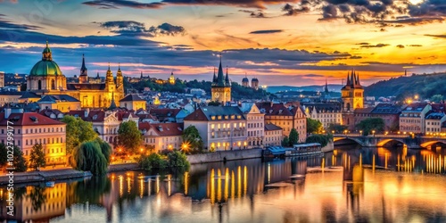 Stunning Prague Skyline at Dusk with Iconic Architecture and Vibrant City Lights Reflecting Water