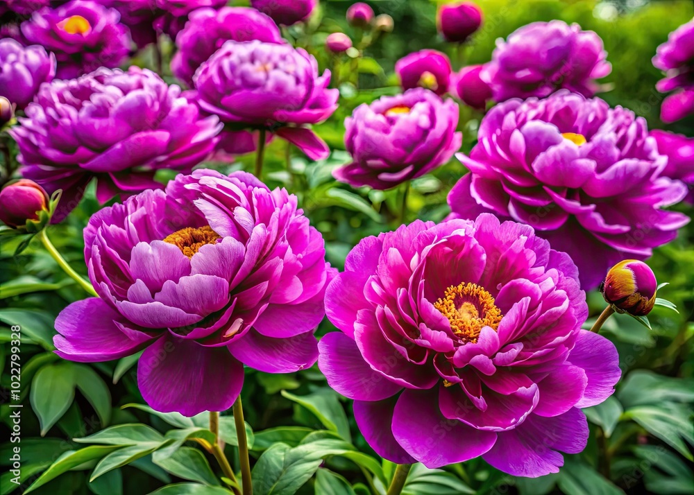 Stunning purple peony flowers blooming in a garden, showcasing their vibrant color and delicate petals Stunning purple peony flowers blooming in a garden, showcasing their vibrant color and delicate petals
